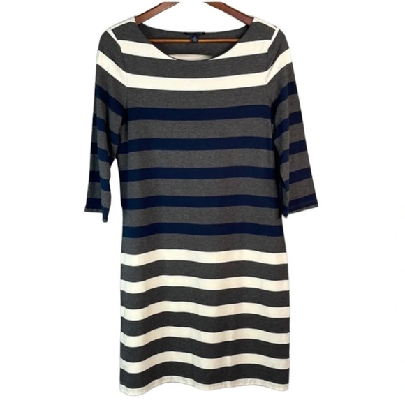 TOMMY HILFIGER Knit Dress Grey Ivory Navy Blue Stripe Boat Neck Preppy Size M - Picture 2 of 8